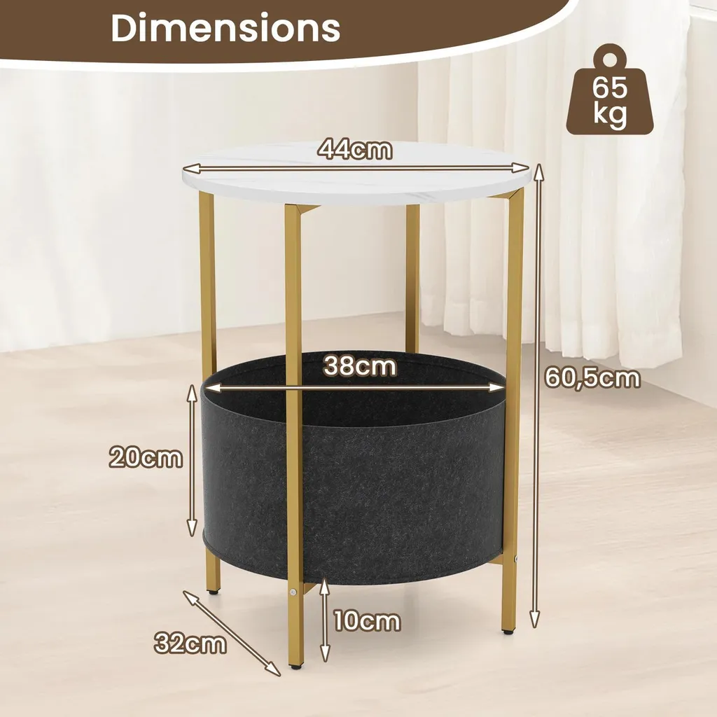 Table d'appoint ronde blanche avec panier en feutre et structure métal - 3