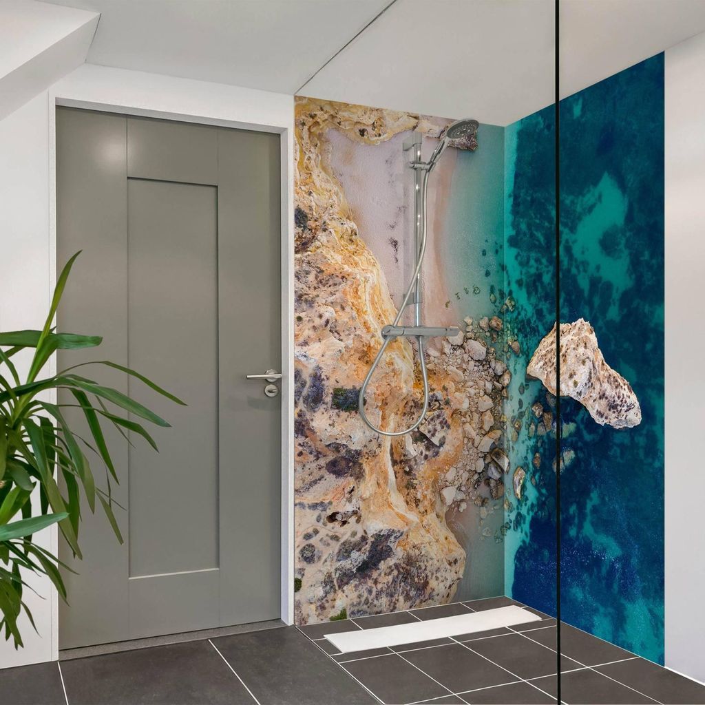 Duschrückwand Strand selbstklebend - 0.61 mm Wandpaneel wasserfest Design türkis Maritim Badrückwand fugenlos Premium matt 100x210 cm