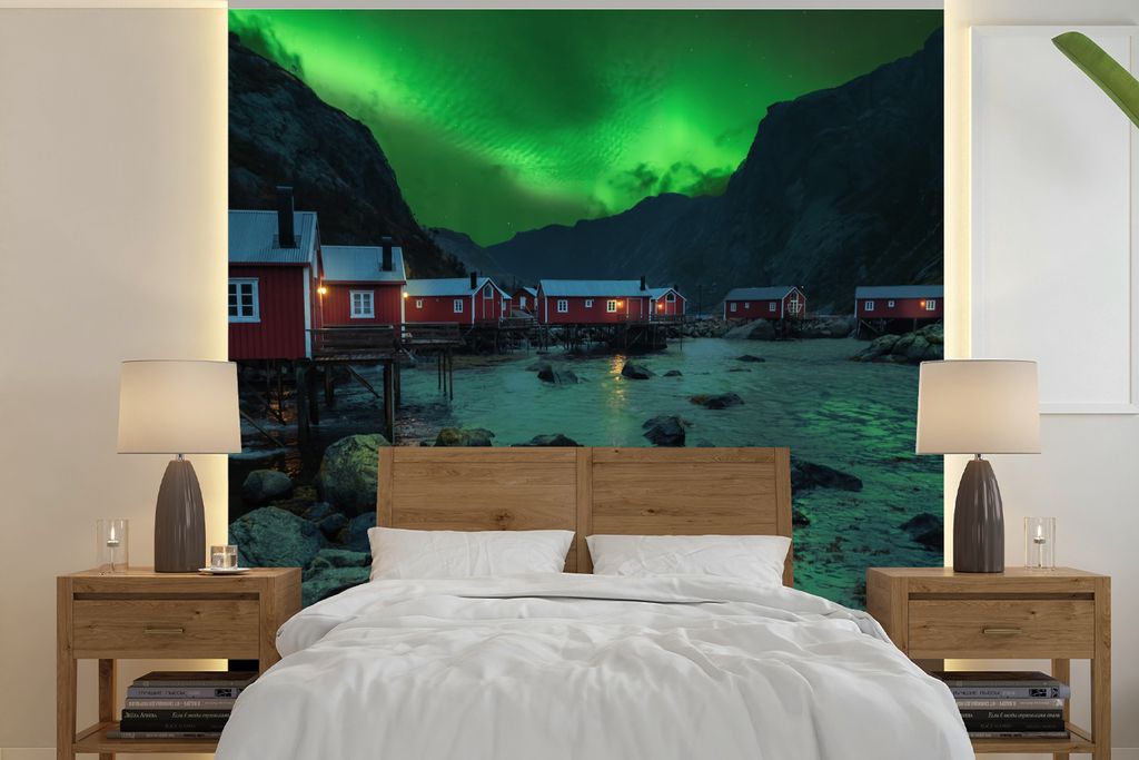 MuchoWow Fototapete für Wohnzimmer oder Schlafzimmer Wandtapete Vinyl Motivtapete Nordlichter - Norwegen - Nacht - 350x350 cm - Schlafzimmertapete