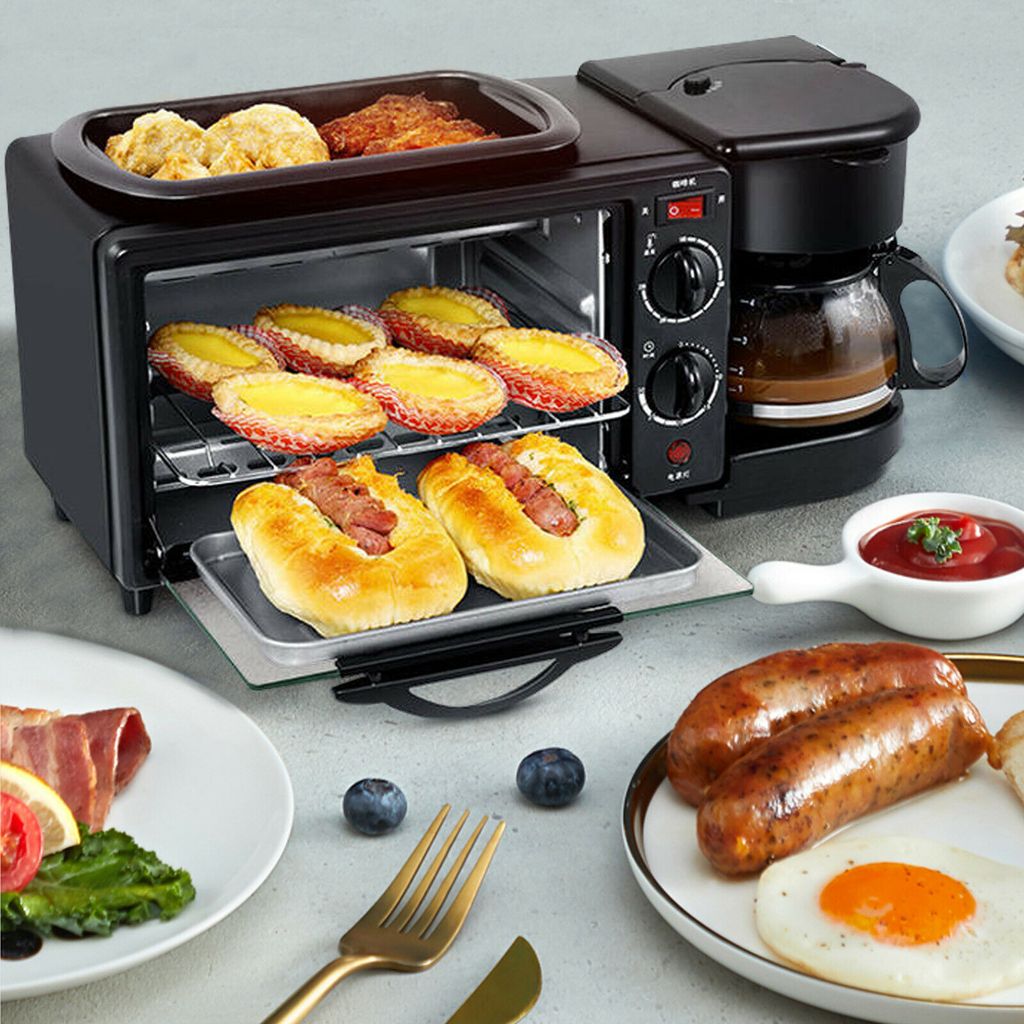 3IN1 Mini Backofen Grillplatte Toastofen Frühstücksmaschine mit Kaffee Maschine 