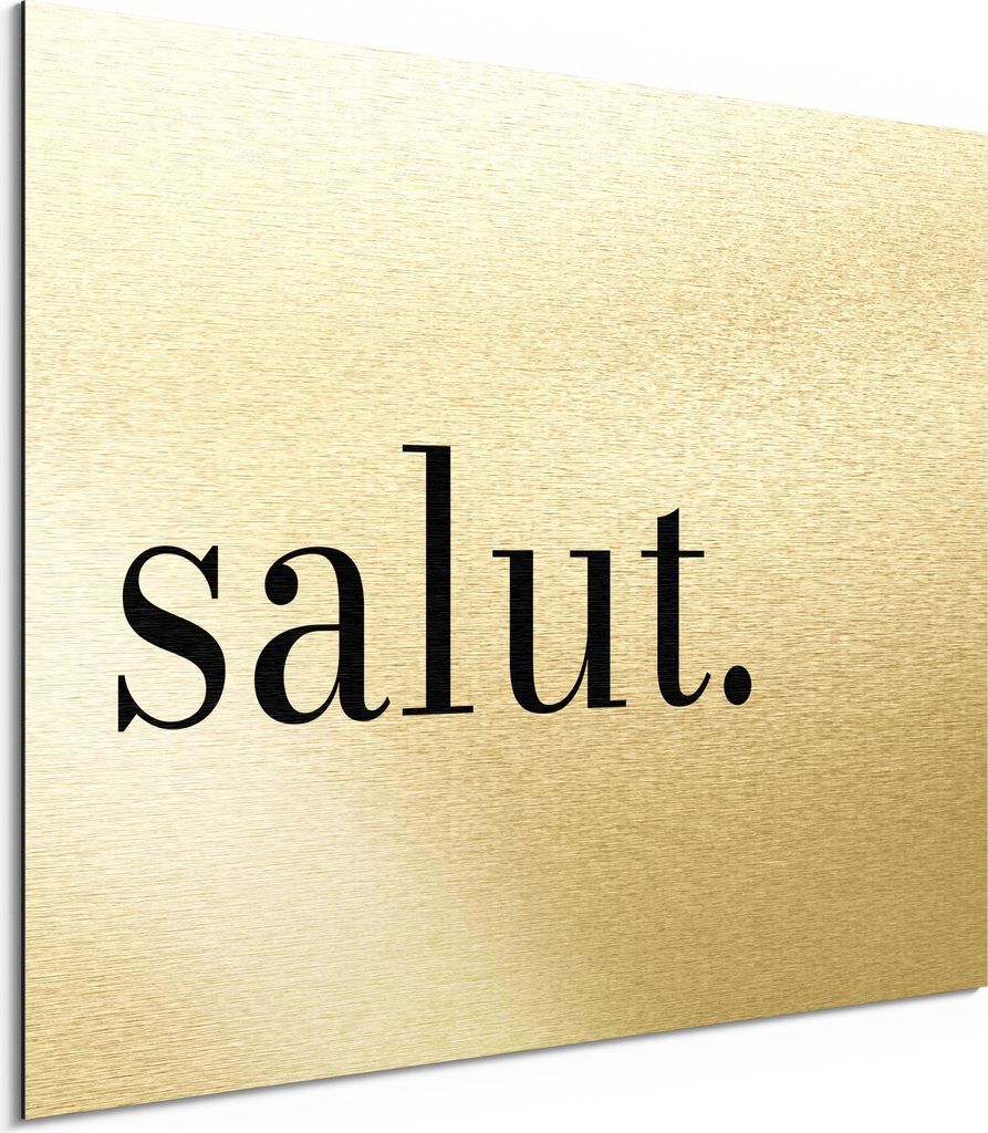 DEQORI Alu-Dibond Bild Gold 40x30 cm 'Salut - Schriftzug' Wandbild Metall dünn Design