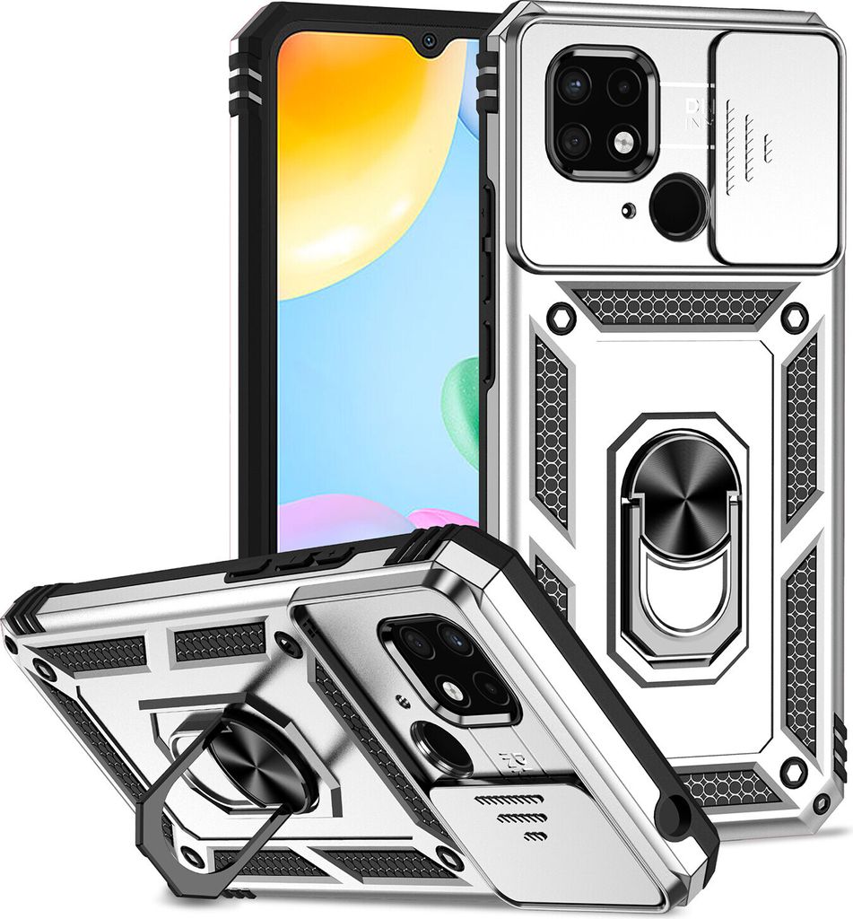 Redmi 10C Hülle mit Schiebe Kamera Schutz und Ringhalter Ständer Robust Rüstung Schutzhülle für Xiaomi Redmi 10C Silber