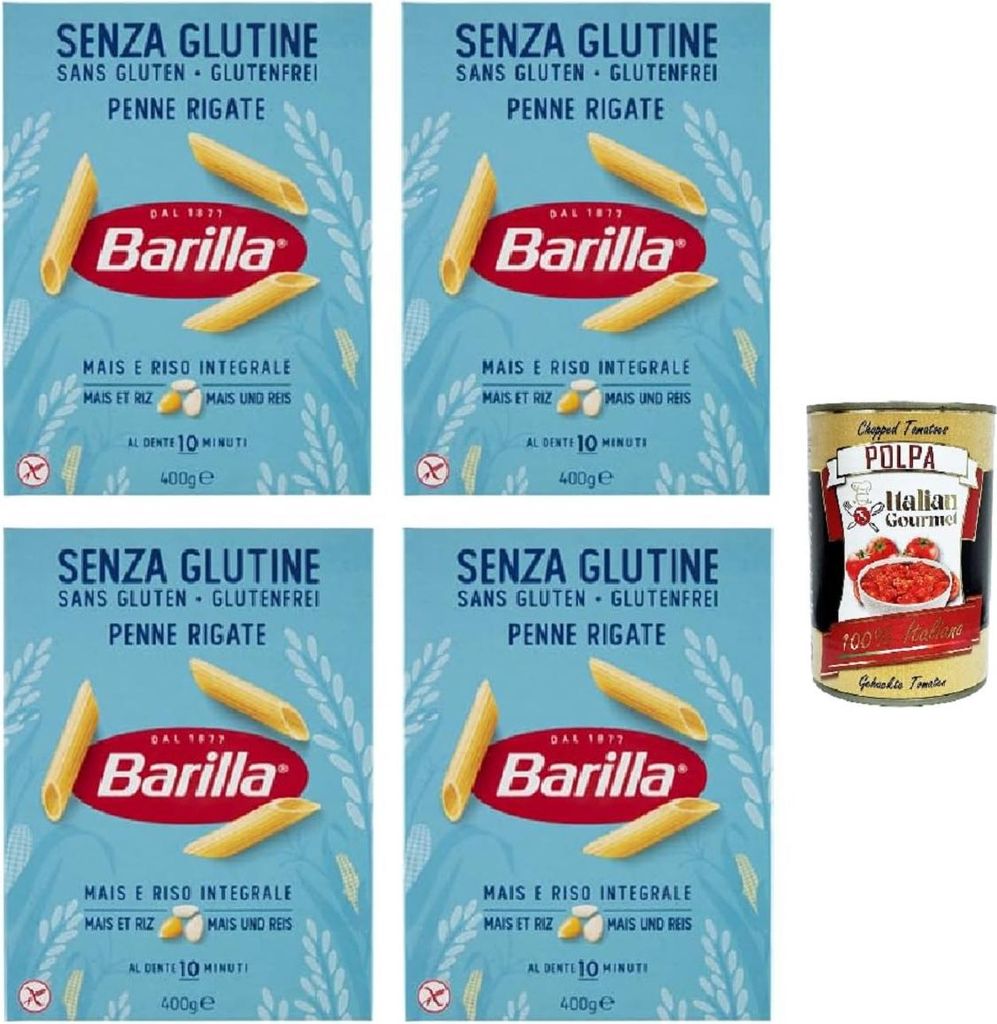 Barilla Pasta Penne Rigate Senza Glutine,Glutenfreie Nudeln aus weißem Mais, gelbem Mais und braunem Reis 4x 400g + Italian Gourmet polpa 400g