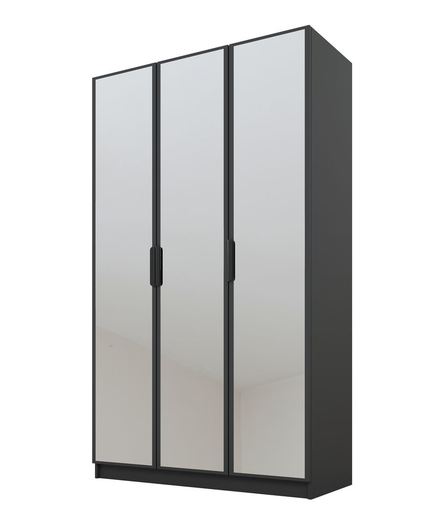 PAWS MOBEL Kippbarer Graphit Kleiderschrank 120x52x200 cm, dreitüriger offener Kleiderschrank mit Spiegeln an den Fronten, Regalen und Garderobe