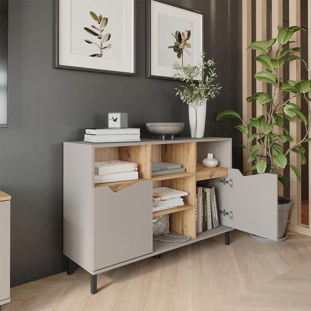 Commode greige et bois artisan, meuble bas de rangement avec 2 portes - 5