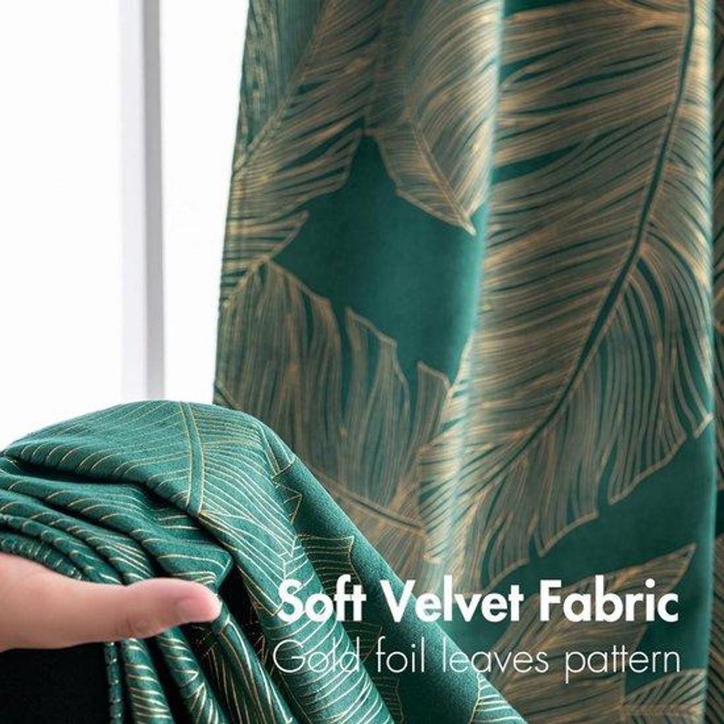 Smaragdgroene fluwelen gordijnen, set van 2, met gouden patroon, dik, ondoorzichtige, voor de slaapkamer, 245 x 140 cm.