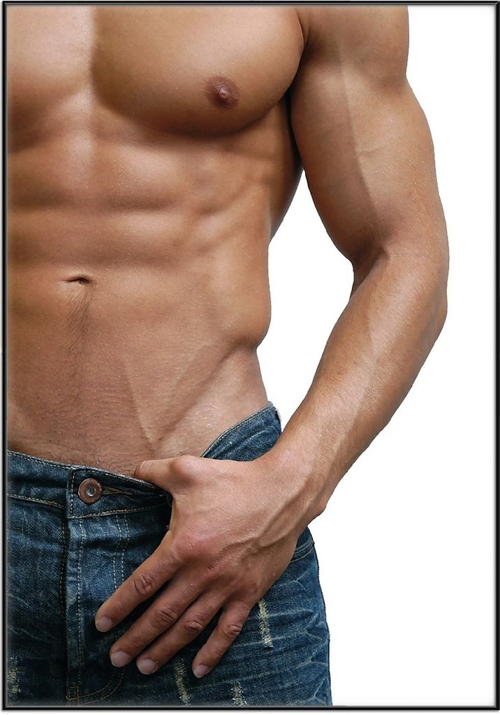 Wallario Wandbild Halbnackter Mann mit Jeans, Größe: 70,30 x 100,30 cm, Poster mit schwarzem Aluminiumrahmen