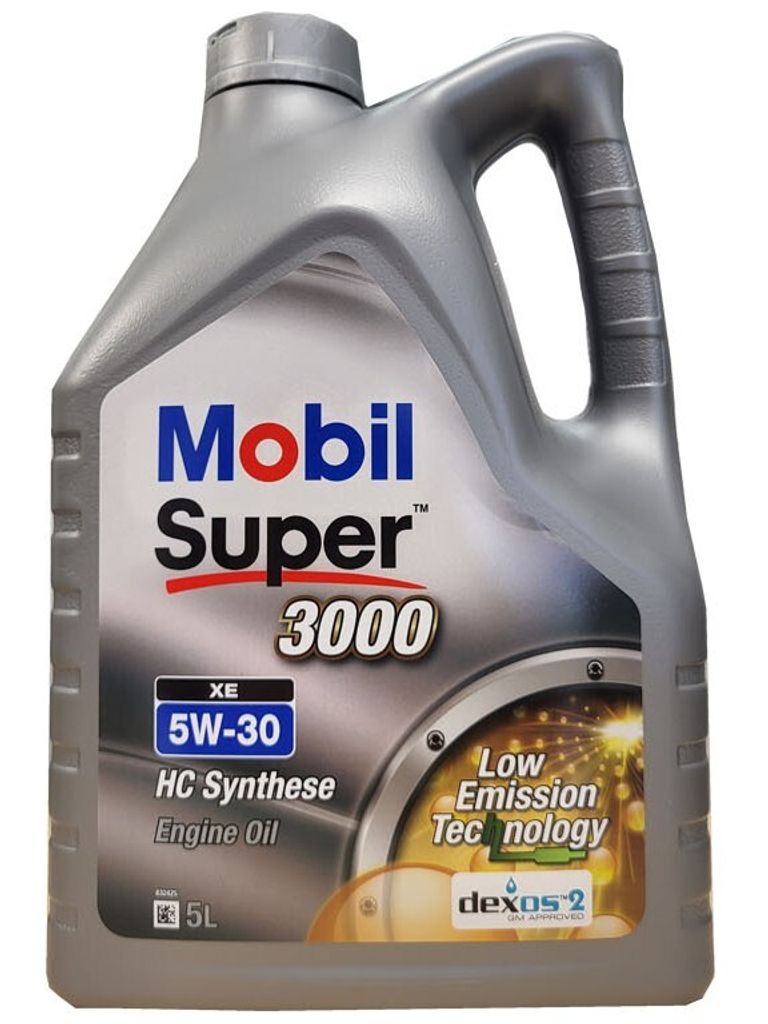 A plastic container of Mobil Super 3000 XE 5W-30 engine oil.