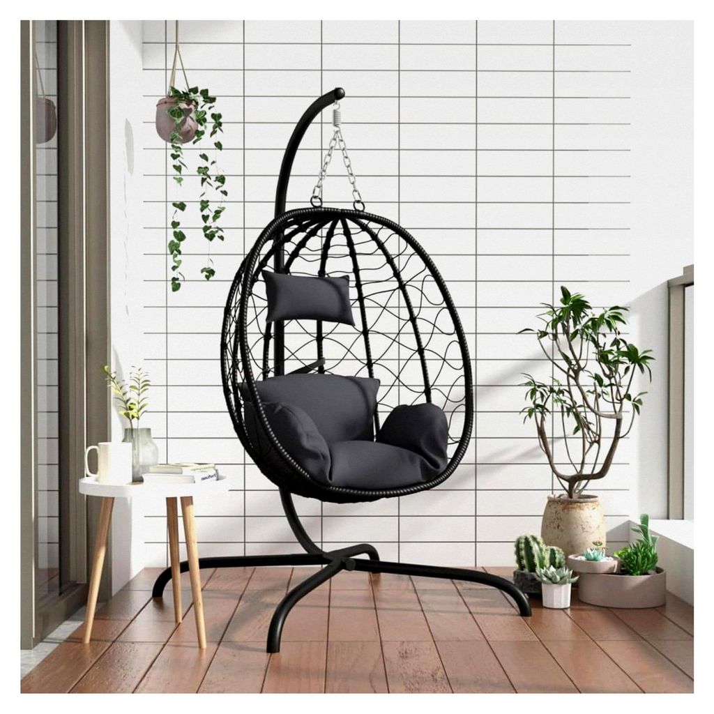 Hängesessel mit Kissen in Anthrazit aus Poly Rattan und Stahl, bequem doppelt gepolstert für Garten, Balkon und Terrasse