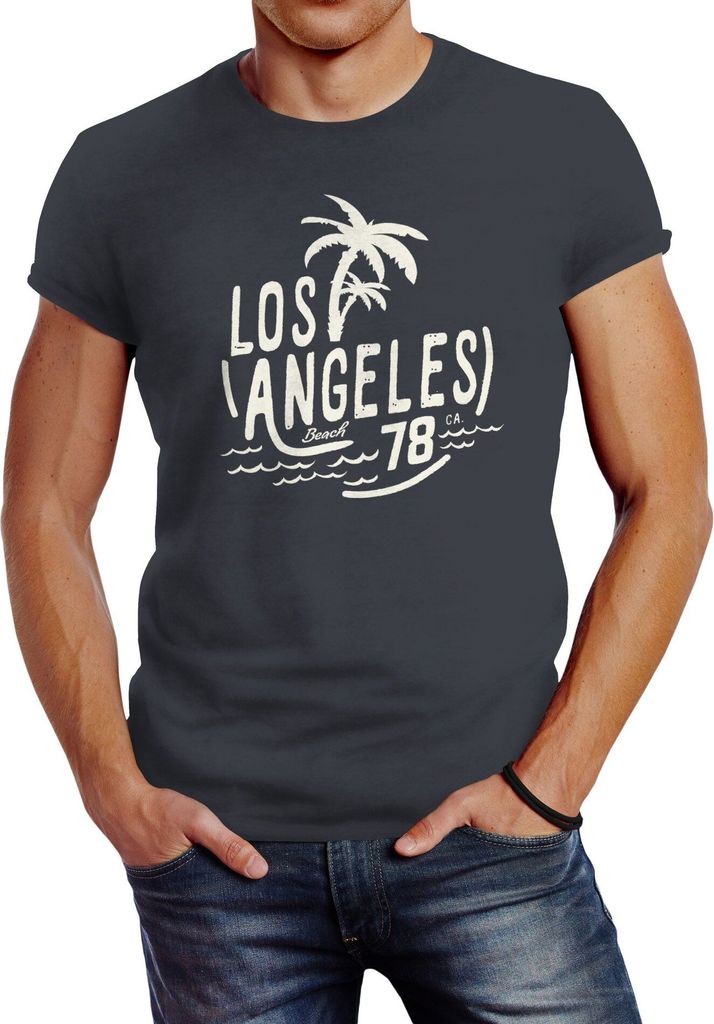Herren T-Shirt Los Angeles Beach Palmen Surf Print Slim Fit Neverless dunkelgrau S