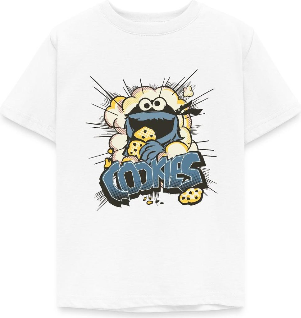 Spreadshirt Sesamstraße Design Mit Krümelmonster Und Cookies Kinder T-Shirt, 110/116 (5-6 Jahre), Weiß