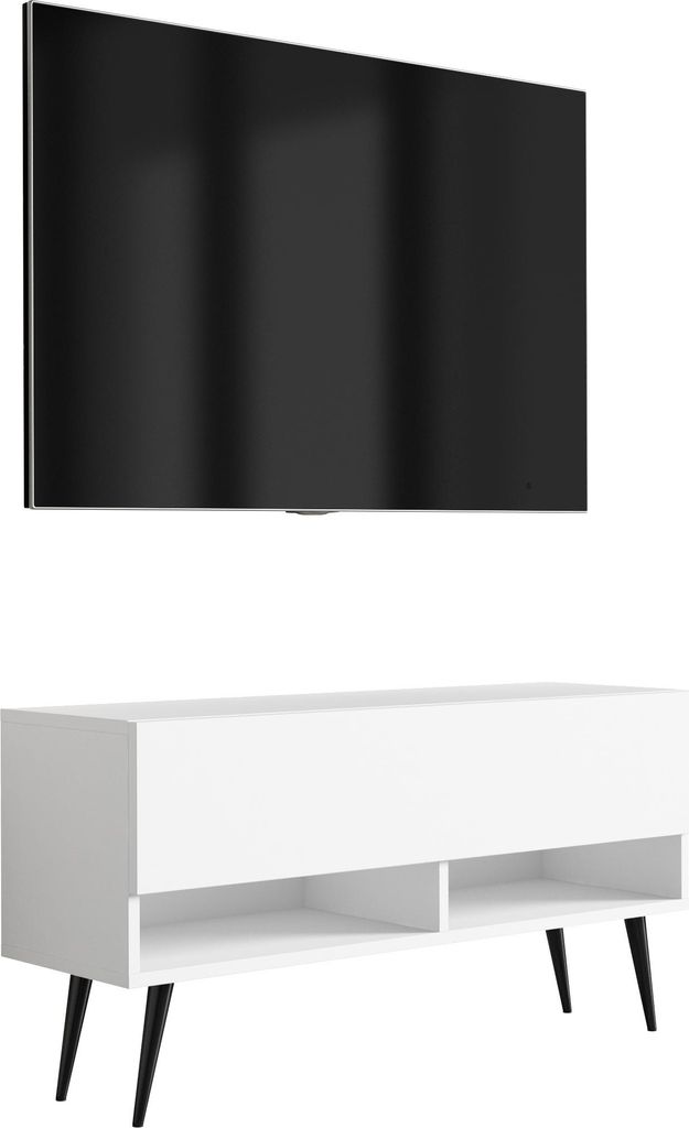 TV-Lowboard 100 cm Mattweiß, schwarze schräge Beine, 100 × 32 × 52 cm