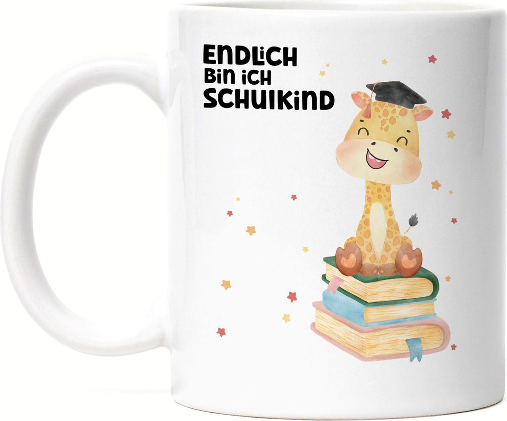 Endlich bin ich Schulkind Tasse Weiß Giraffe Schulanfang Einschulungs-Geschenk