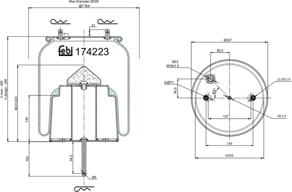 FEBI BILSTEIN Luftfederbalg 174223 Hinten für SCANIA 2 - series 290 405mm 227 204mm