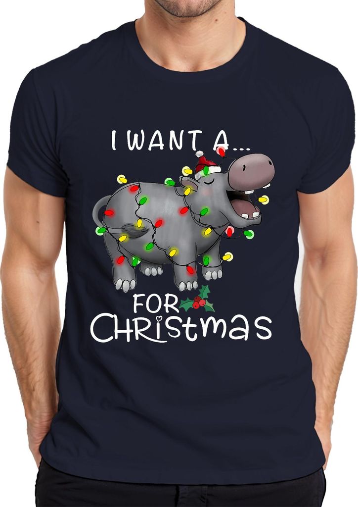 I Want A Hippo For Christmas Nilpferd Weihnachten Geschenk Lustig Herren T-Shirt, Navy, 3XL