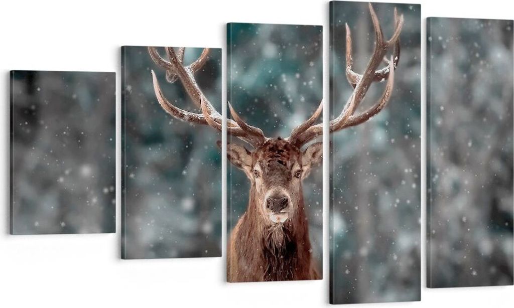 Bild auf Leinwand - Leinwandbild - 5 Teile - Hirsch Hirsch Winter - 100x60cm - Wand Bild - Wanddeko - Wandbilder - Leinwanddruck - Bilder - Wanddek...