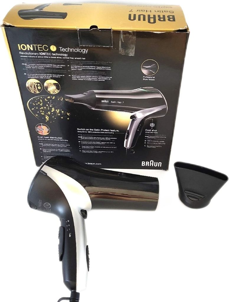 A hairdryer and its packaging are shown against a white background.