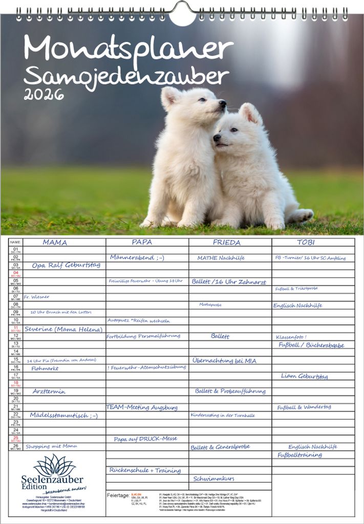 Samojedenzauber Planer Familienplaner 4 Spaltenplaner DIN A3 Kalender für 2026 Welpen und Hunde - Seelenzauber