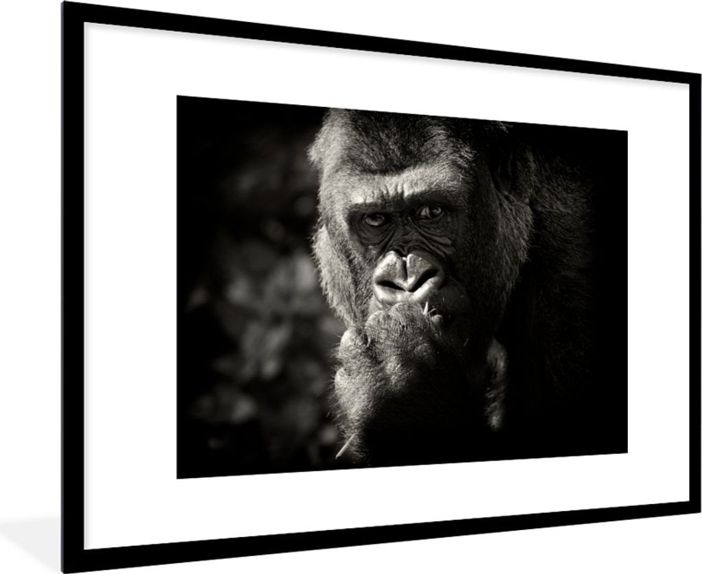 MuchoWow MuchoWow Gerahmtes Poster Gorilla auf schwarzem Hintergrund in Schwarz und Weiß 90x60 cm - Poster mit zchwarzem Bilderrahmen - Wandde...