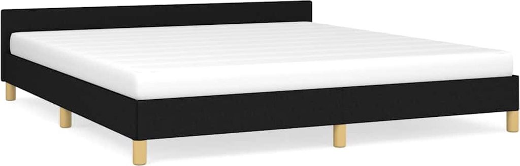 A black fabric bed frame with a white mattress on a white background.