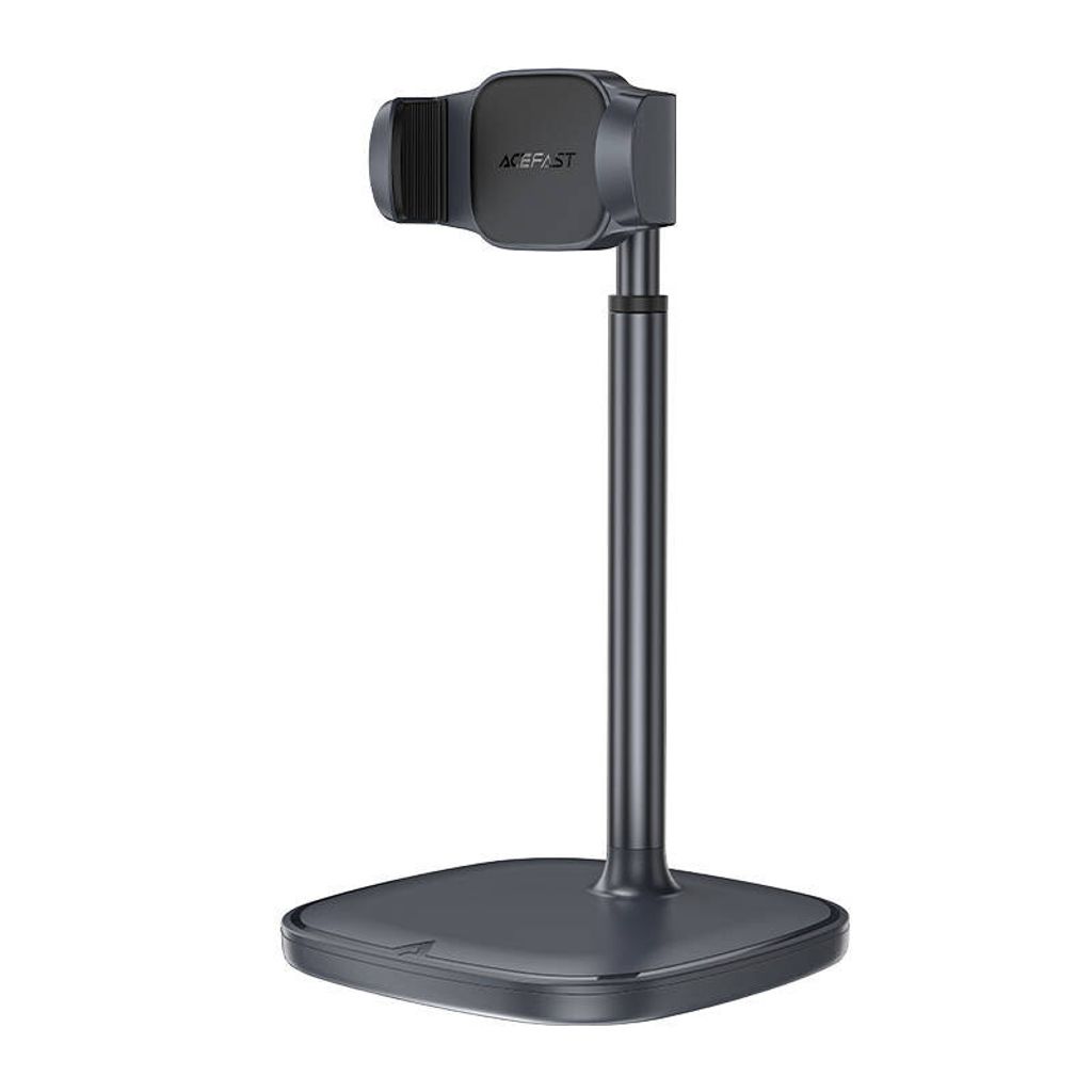 A dark gray adjustable phone stand with a square base and a telescopic arm.