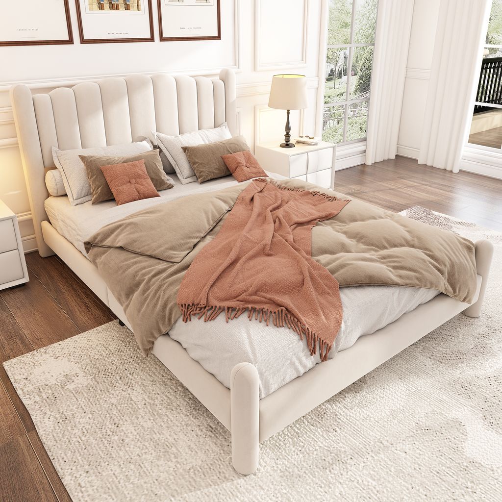 Flieks Polsterbett 160x200cm mit Lattenrost, Jugendbett Doppelbett mit Kopfteil, Klassisches Bett Holzbett Kinderbett, Samt, Beige