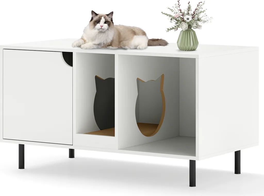 Armadietto per gatti COSTWAY per lettiera, armadietto per lettiera con tiragraffi, ingresso e porta a forma di gatto, tavolino per gatti fino a 120 kg bianco