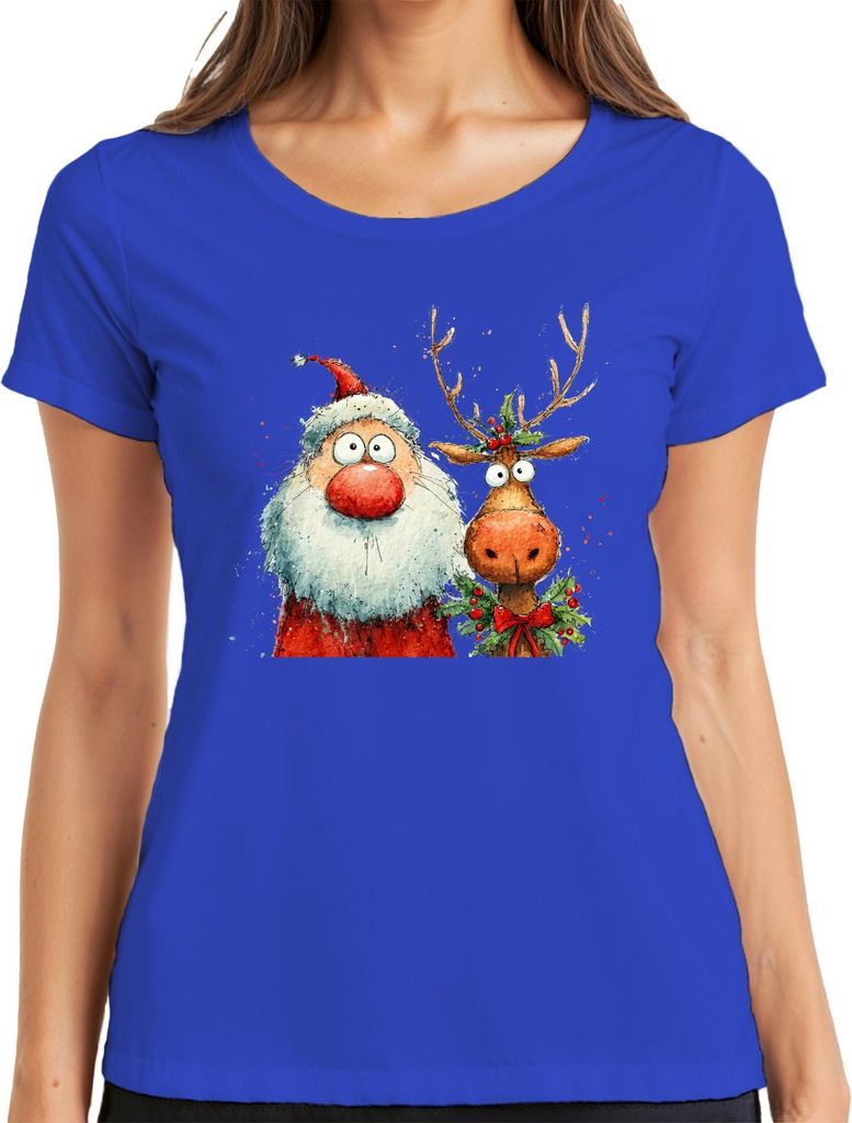 Lustiger Weihnachtsmann und Rentier Aquarell Weihnachten Geschenk Damen T-Shirt, Blau, M