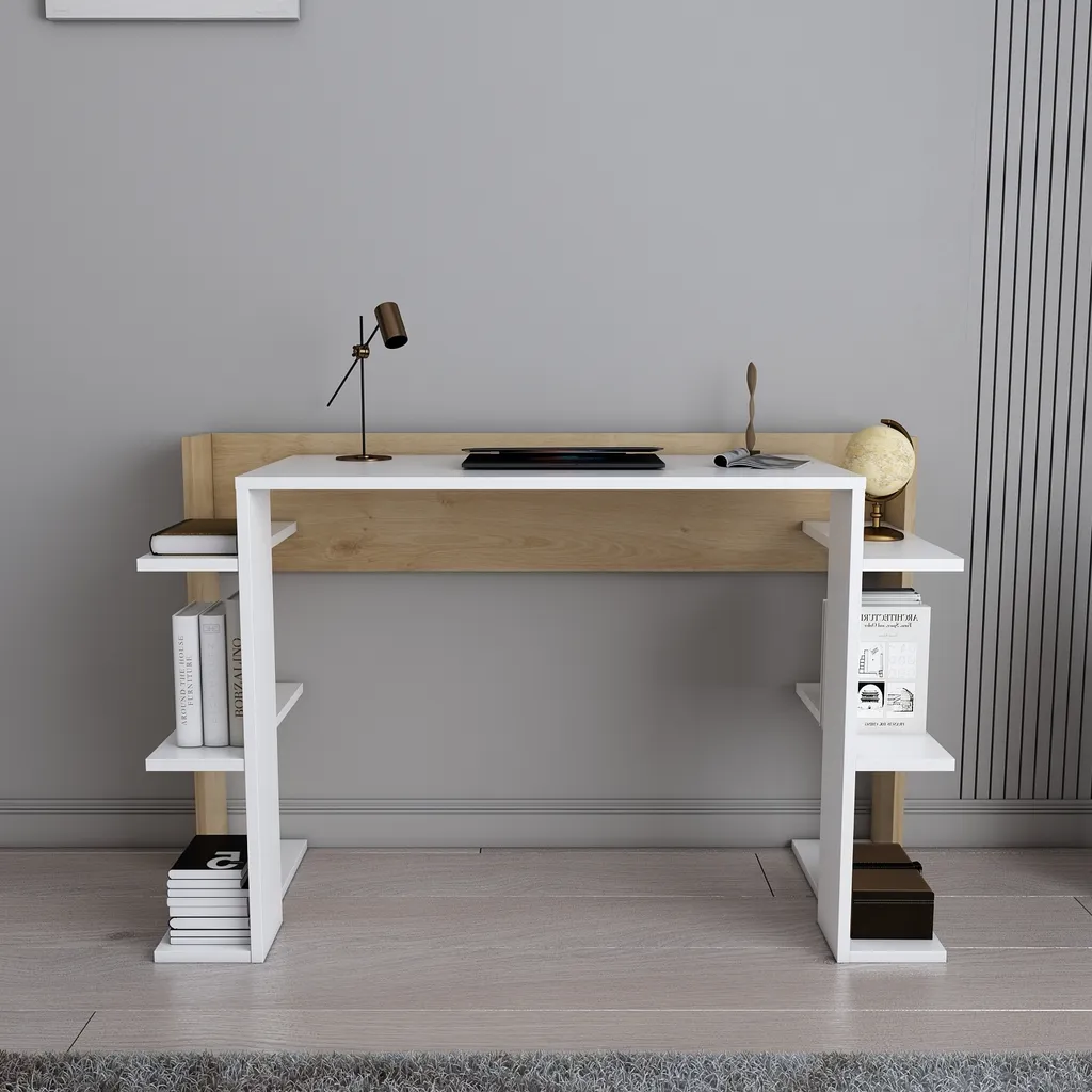 Bureau 6 Tablettes Latérales Decorotika Cinar 122,6 cm Blanc et Platane