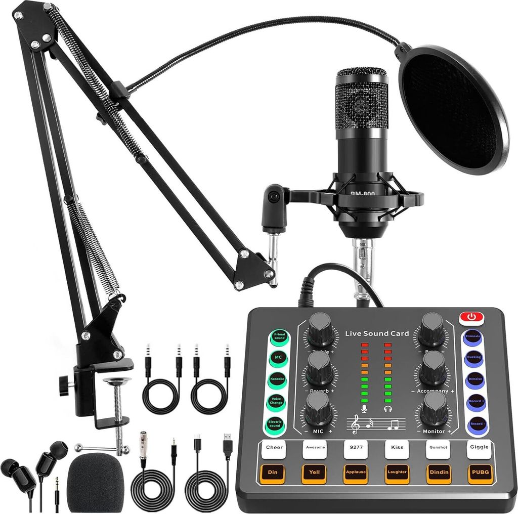 ZELURXX Tragbare Podcasting-Equipment-Set, Audio-Interface und DJ-Mixer und BM-800 Kondensatormikrofon, mit Mikrofonarm, Bluetooth, Schwarz