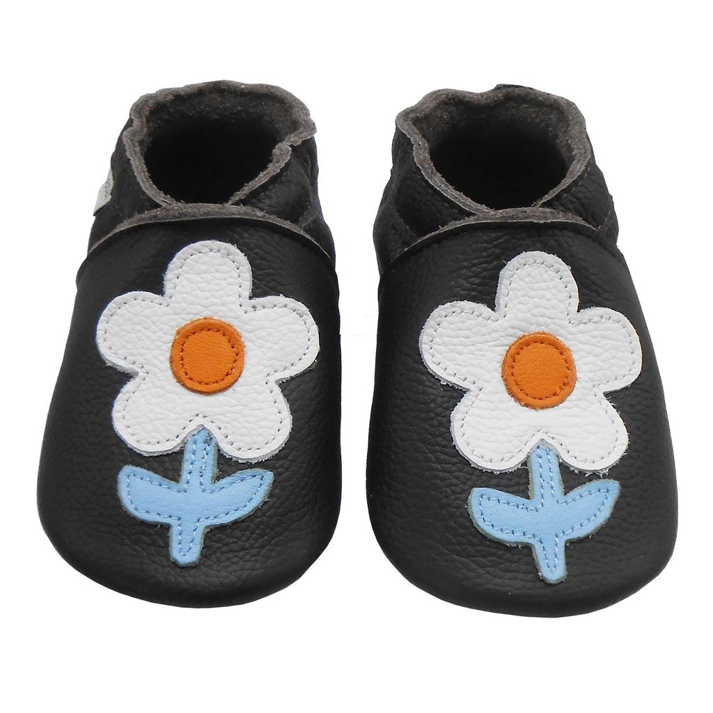 BEMUSE Baby Krabbelschuhe aus Echtleder, weiche Lauflernschuhe für Mädchen&Jungen, rutschfeste Ledersohle, Schwarz, Blumenmotiv, Größe S (0...