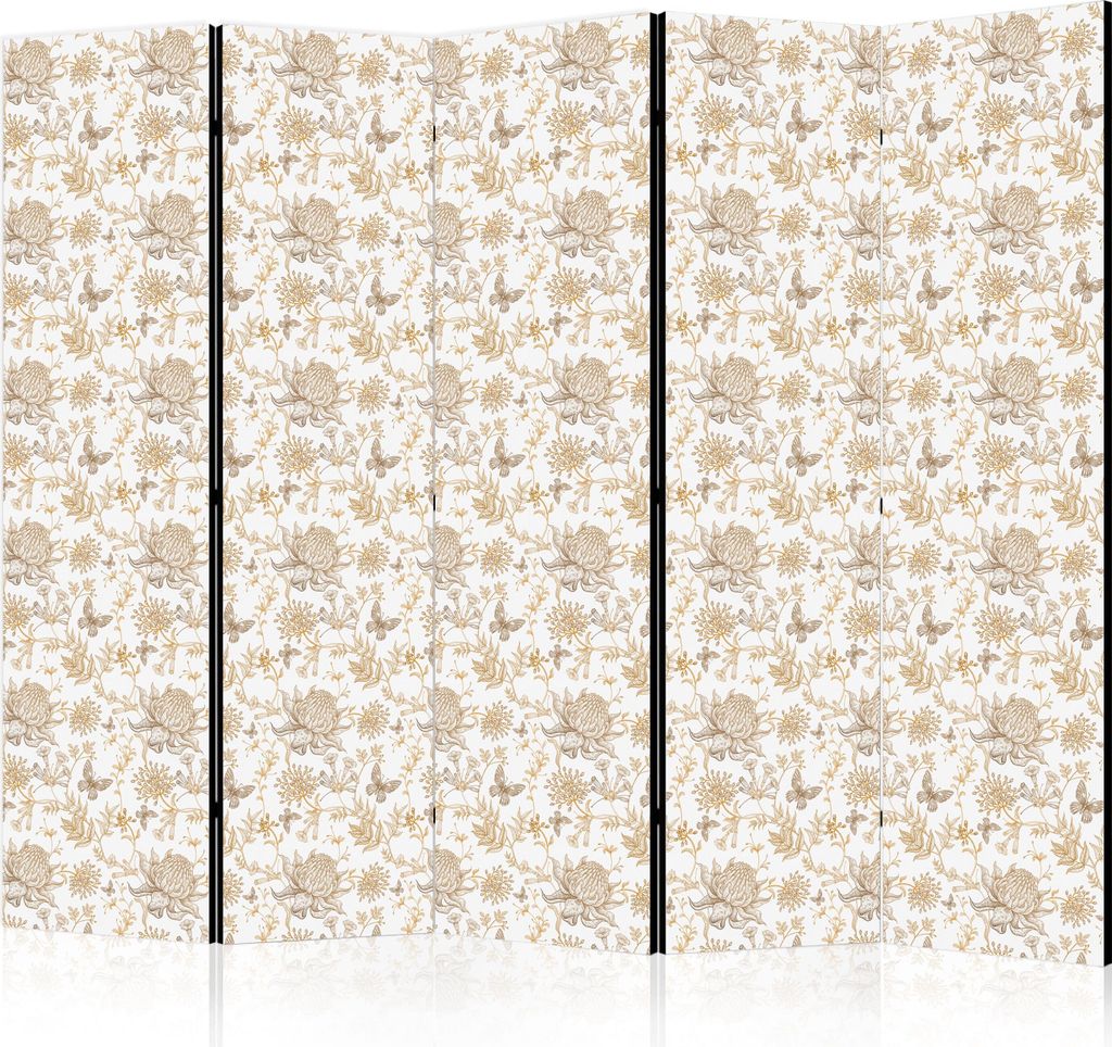 5-teiliger Einseitiger Vlies Paravent - Beige Shades of Nature - Flowers and Butterflies on a White Background - Illustration 225x172 cm Blumen b-B...