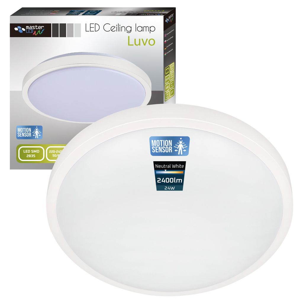MasterLED Deckenleuchte LED LUVO 24W Weiß Ø32,5cm IP44 | 4000K Neutralweiß | mit RF-Mikrowellensensor Bewegungserkennung 360°