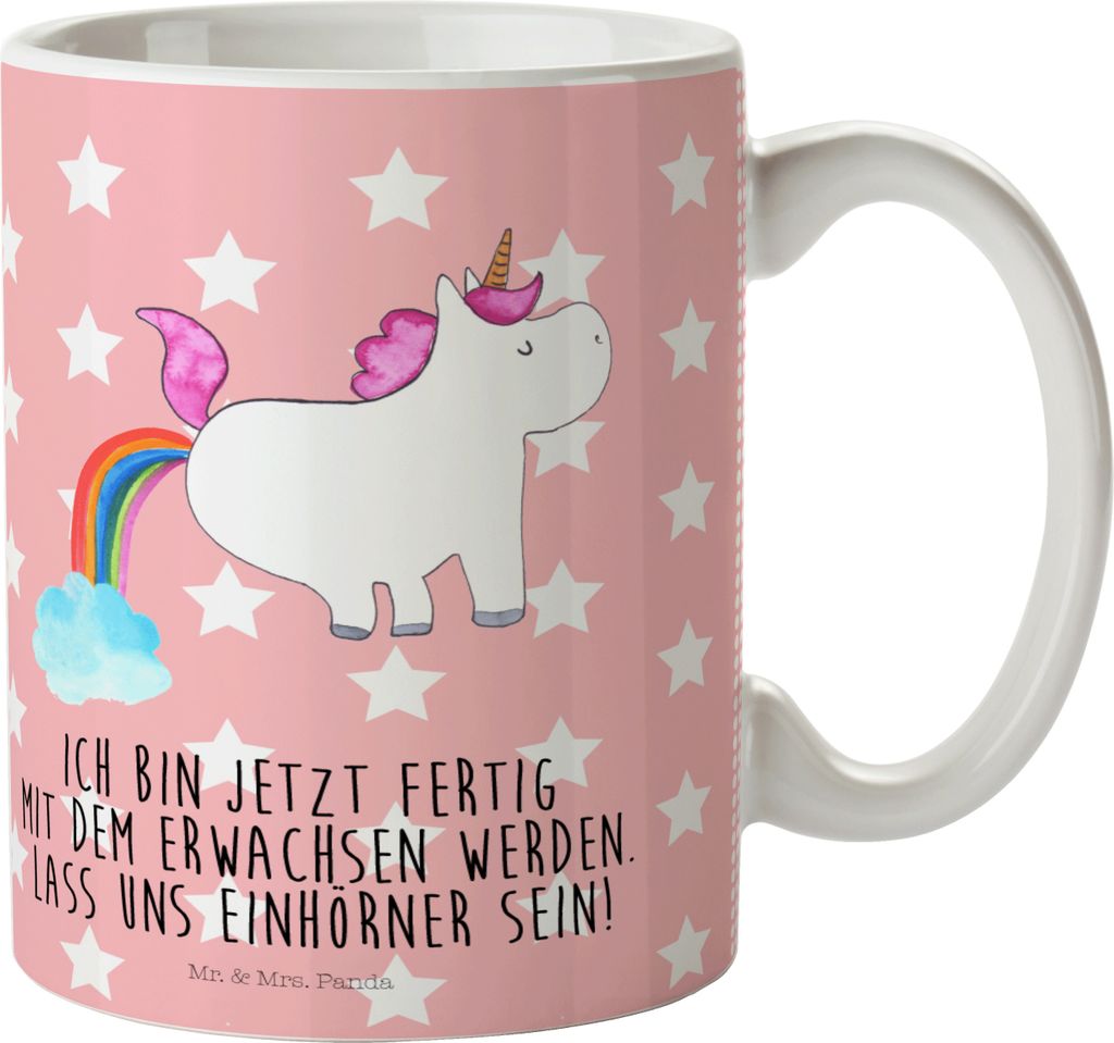 Mr. & Mrs. Panda Trinklernbecher Einhorn Pupsen - Rot Pastell - Geschenk, Regenbogen, Lustig, Unicorn, Freundin, Haferl, Plastikbecher, Kunststoffb...