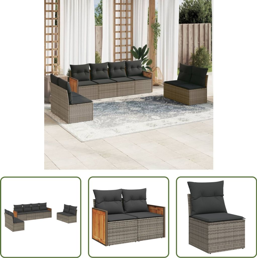 The Living Store 8-tlg. Garten-Sofagarnitur mit Kissen Grau Poly Rattan