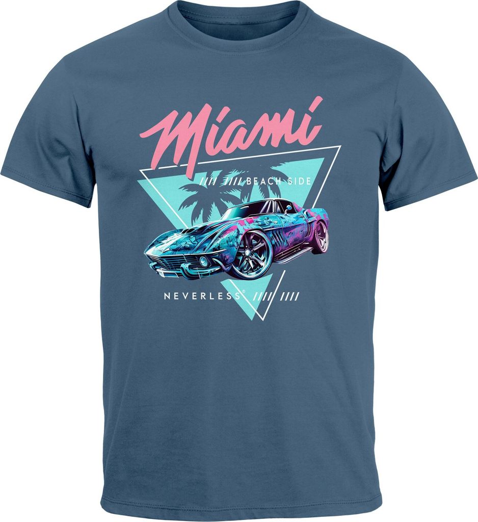 Herren T-Shirt Bedruckt Miami Beach Surfing Motiv USA Retro Automobil 80er Fashion Streetstyle Neverless denim blue 3XL