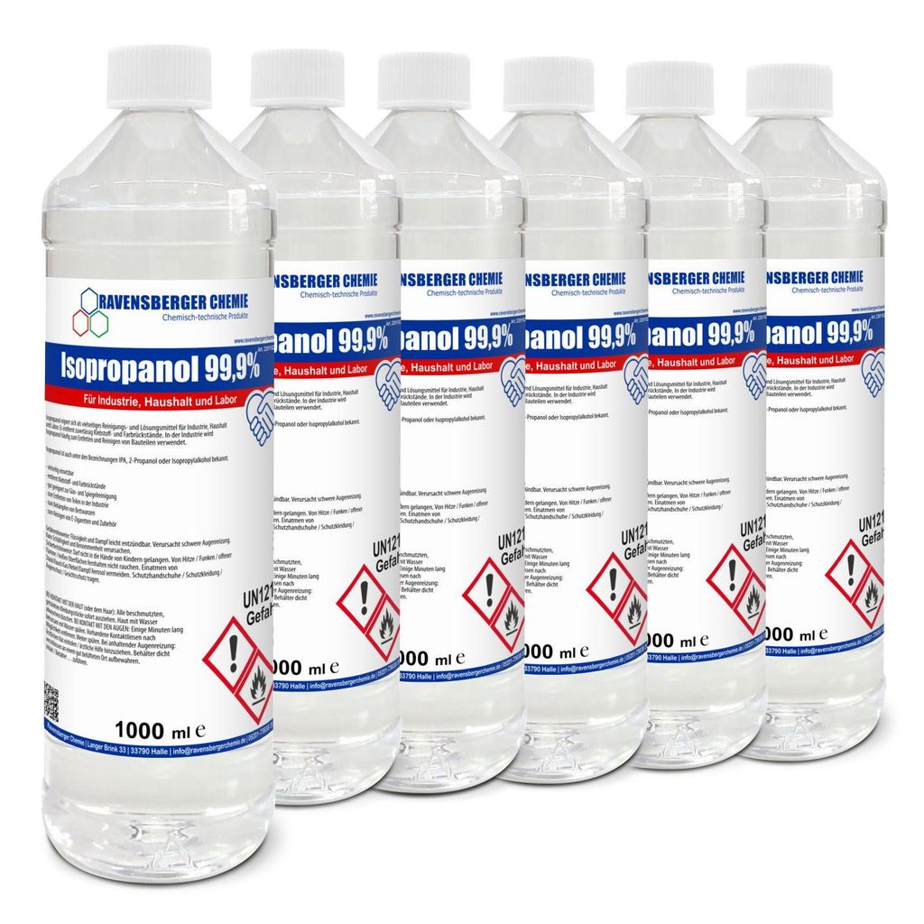 Ravensberger Chemie Isopropanol 99,9 % – hochreiner Alkohol zum Reinigen & Entfetten, rückstandsfrei, für Technik, Werkstatt & Industrie - 6x 1...