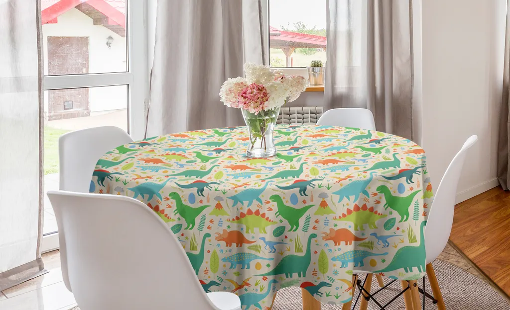 ABAKUHAUS Dinosauro Tovaglia, T-Rex Active Volcano, Rettangolare per Sala da Pranzo e Cucina, 140 cm x 200 cm, Marrone Chiaro Pale Blue
