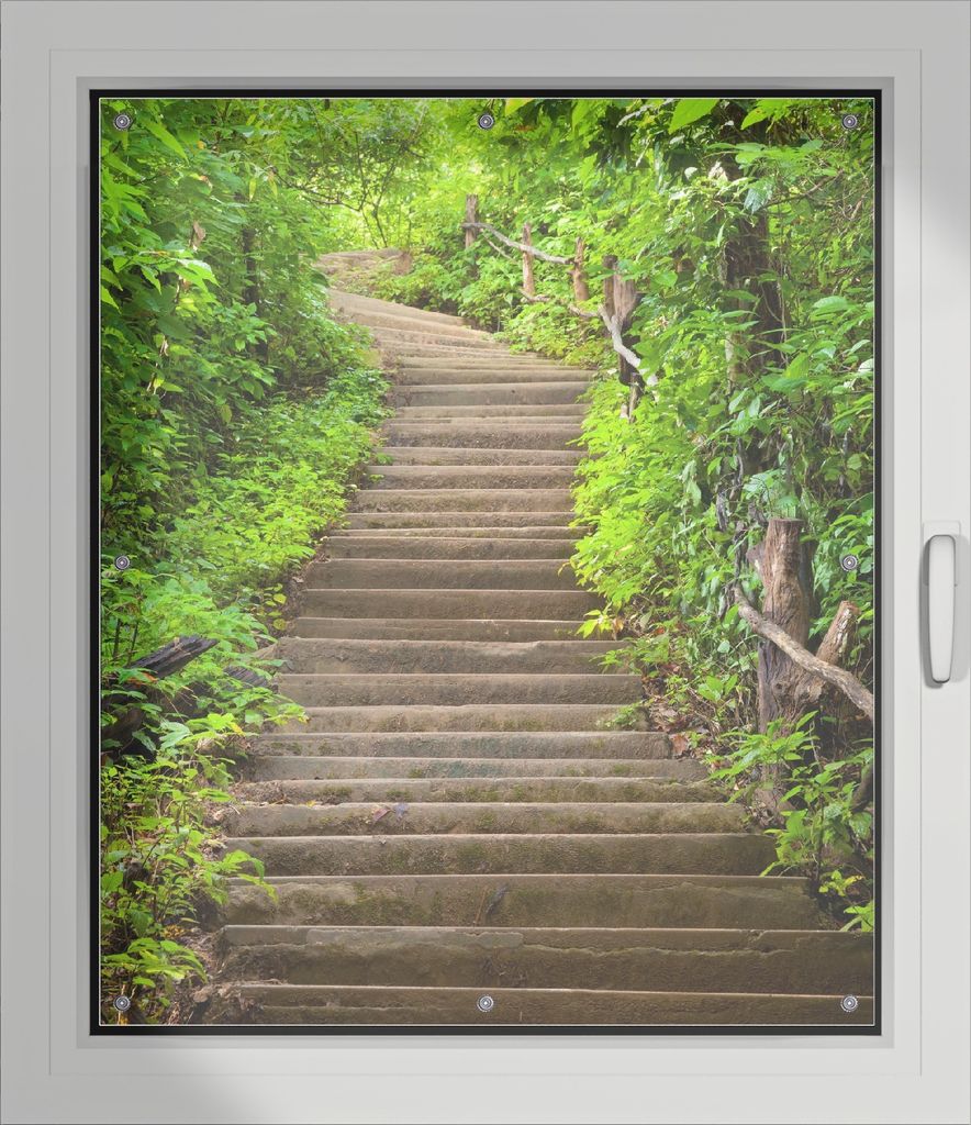 Wallario Lichtschutzbild, Dekorativer Sichtschutz Sonnenschutz 96 x 115 cm mit Motiv: Steintreppe im Wald - Verdunklung ohne Bohren