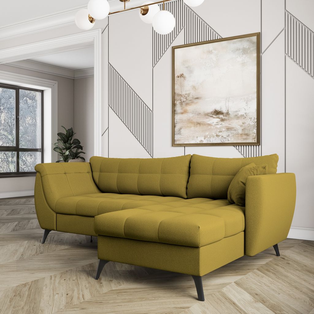 Masseno Ecksofa MOLLIS mit Schlaffunktion L-Form, Sofa mit Bettkasten, Wohnzimmersofa, Couch, Soffa, Bettsofa, Couchgarnitur- Gelb, SORO 40