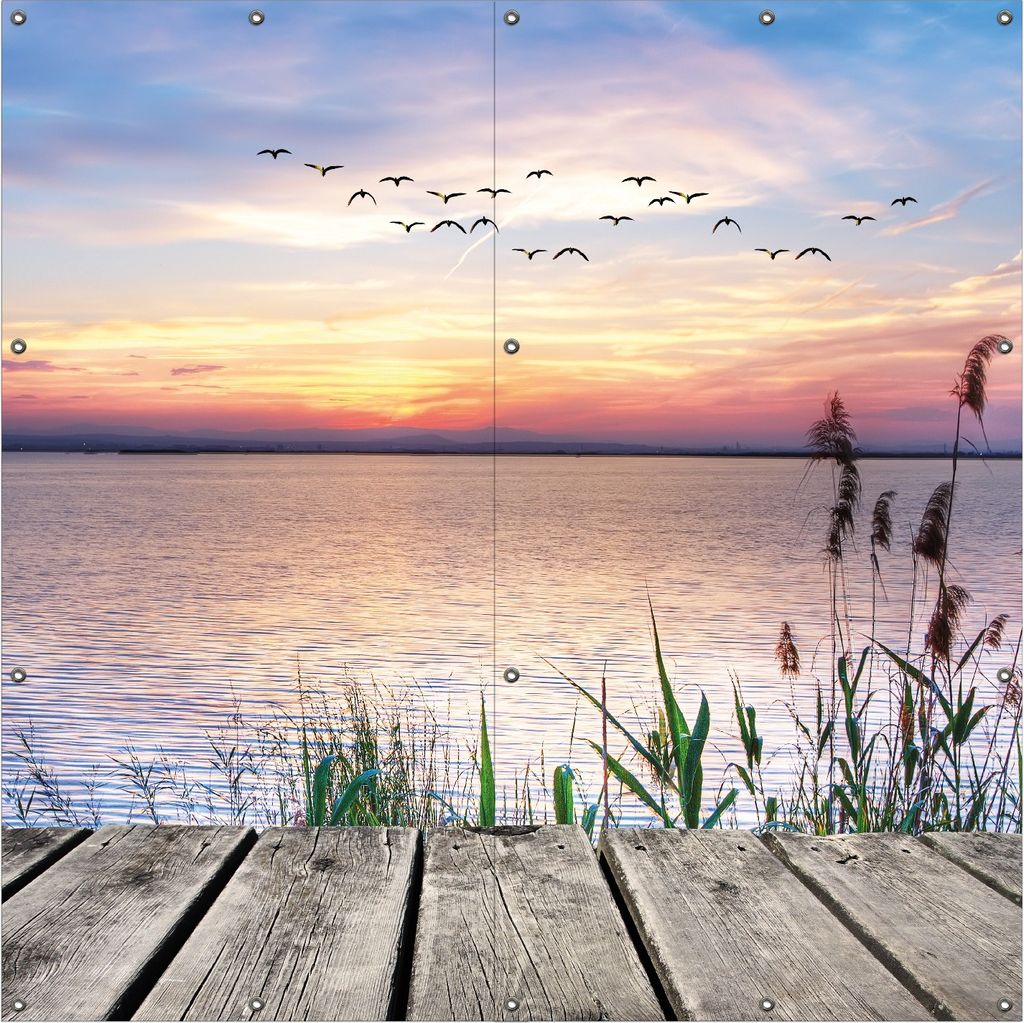 Wallario Outdoor-Poster für Garten oder Balkon, Motiv Seepanorama mit Schilf und fliegenden Vögeln, in ca. 180 x 180 cm