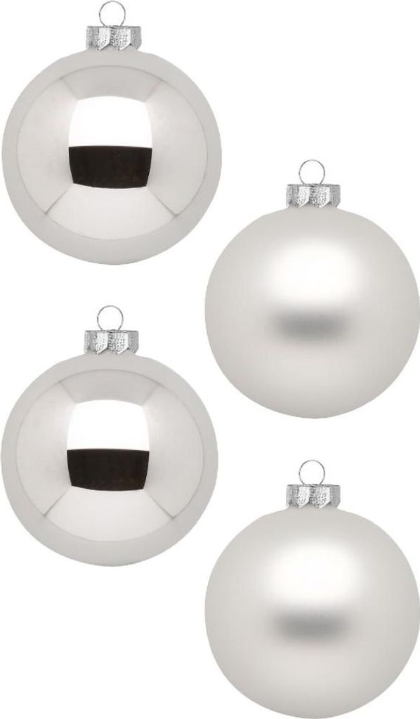 Four silver Christmas ornaments are arranged in a grid on a white background.