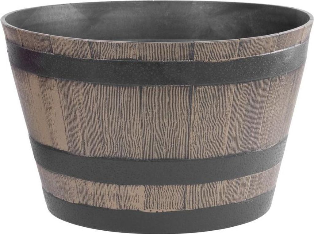A barrel-shaped planter pot with a wood-grain effect and dark bands.