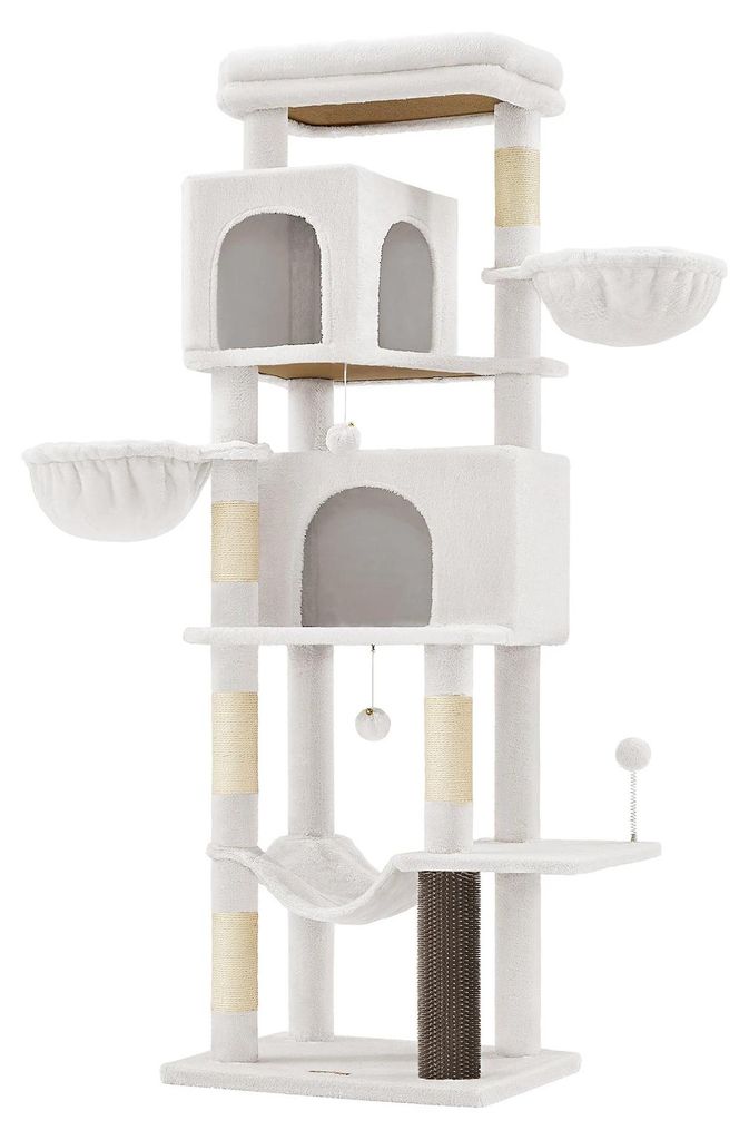Kratzbaum für Katzen - Modell PCT182 - 175 cm Hoch - 4 Ebenen - 2 Höhlen - 2 Liegeflächen - 5 Kratzstämme - Mit Katzenbürste - Weiß