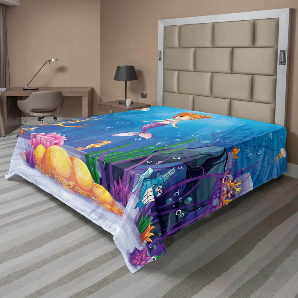 ABAKUHAUS Drap-housse Sirène 244x205 cm, Monde Sous-marin Multicolore
