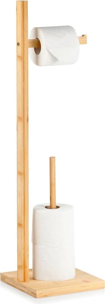 A freestanding wooden toilet paper holder with two rolls of toilet paper.