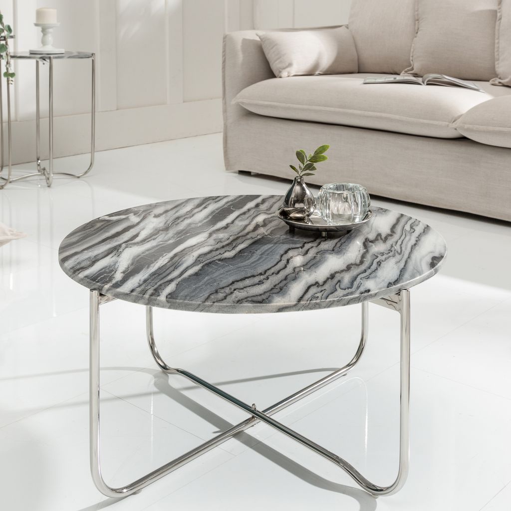 riess-ambiente Runder Couchtisch NOBLE 65cm grau Marmor abnehmbare Tischplatte klappbar silber Metall Beistelltisch Tisch