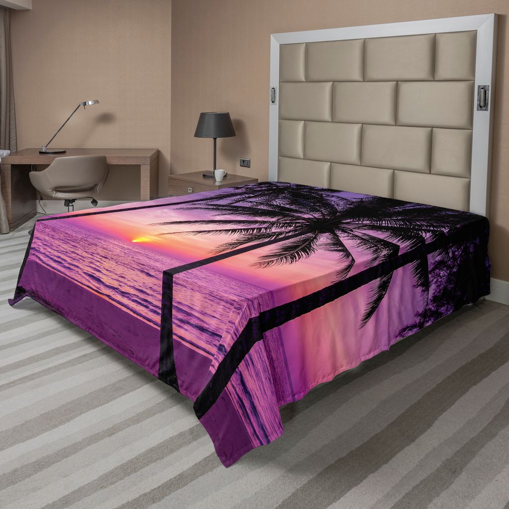 ABAKUHAUS Ozean Bettlaken, Palmen Silhouette bei Sonnenuntergang Traumhaft exotische Twilight Landschaft Bild, weiches bequemes oberes Bettlaken f...