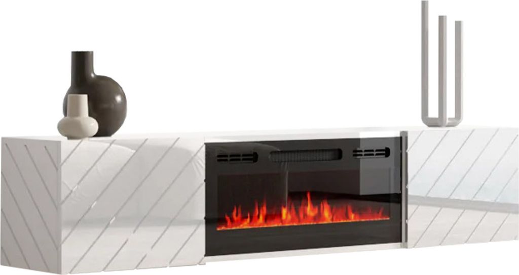MIRJAN24 TV-Lowboard Luxe mit Kamin, zwei Drehtüren, Realistische LED-Flamme, Gehärtetes Glas, 180x33x39 cm (Farbe: Weiß / Weiß Hochglanz + Sch...