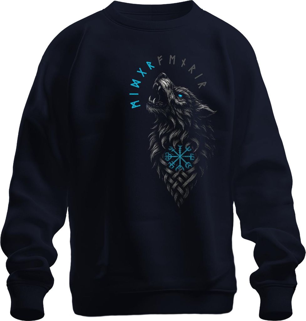 Wikinger Wolf nordisch Vegvisir Runen Valhalla Fenrir Kompass Uni Sweatshirt Pullover, Navy, L